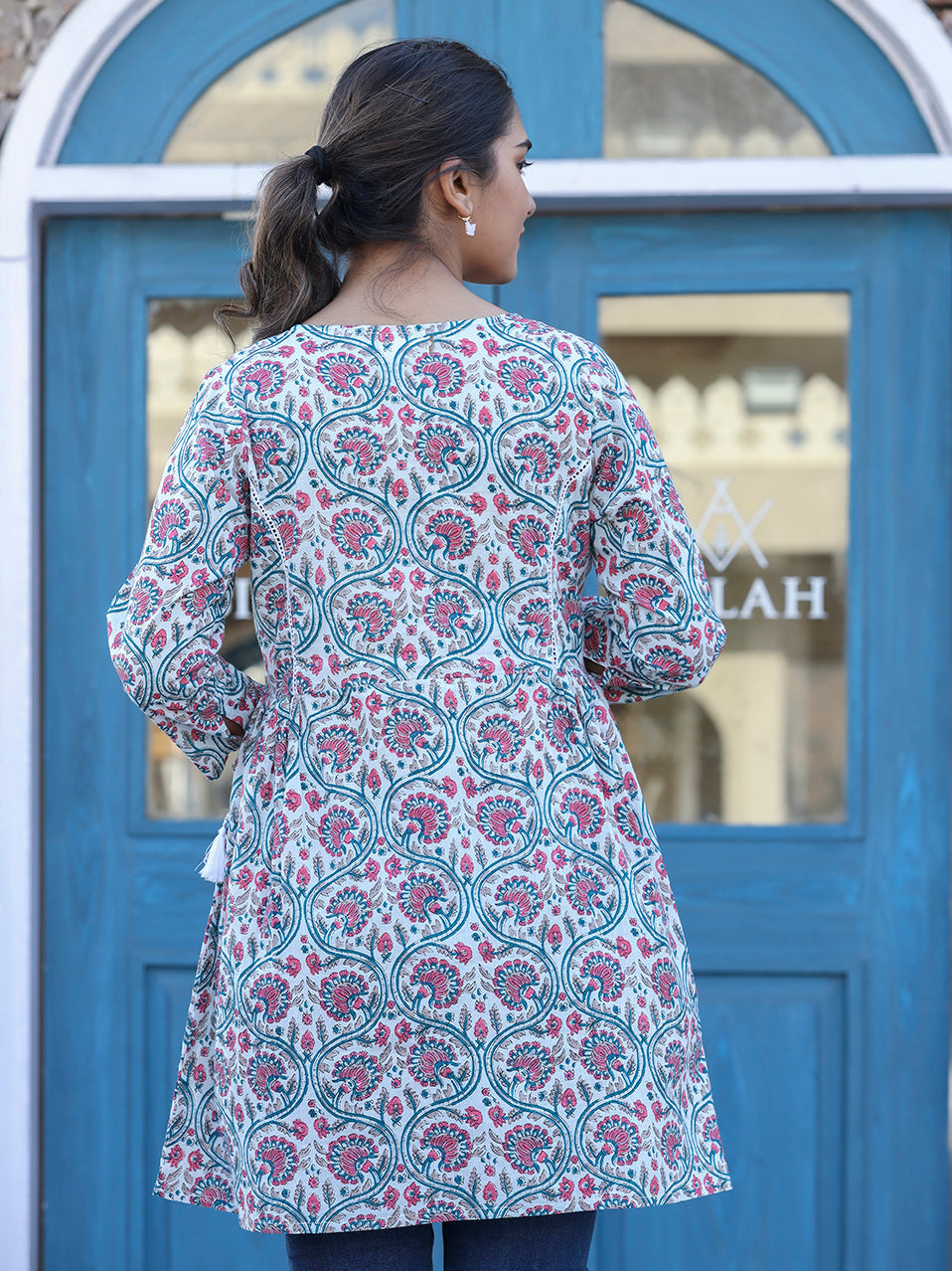 Kaajh White-Pink Floral Print Cotton Shirt Style Tunic | Grocsy