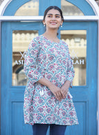 Kaajh White-Pink Floral Print Cotton Shirt Style Tunic | Grocsy