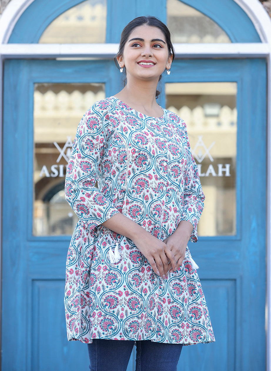 Kaajh White-Pink Floral Print Cotton Shirt Style Tunic | Grocsy