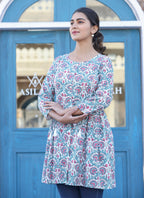 Kaajh White-Pink Floral Print Cotton Shirt Style Tunic | Grocsy