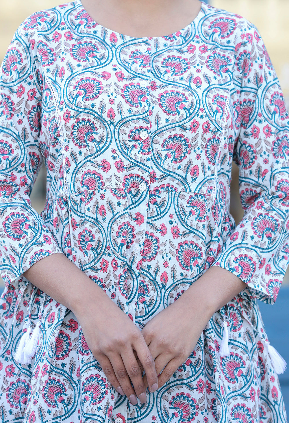 Kaajh White-Pink Floral Print Cotton Shirt Style Tunic | Grocsy