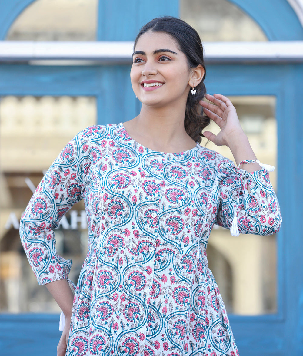 Kaajh White-Pink Floral Print Cotton Shirt Style Tunic | Grocsy
