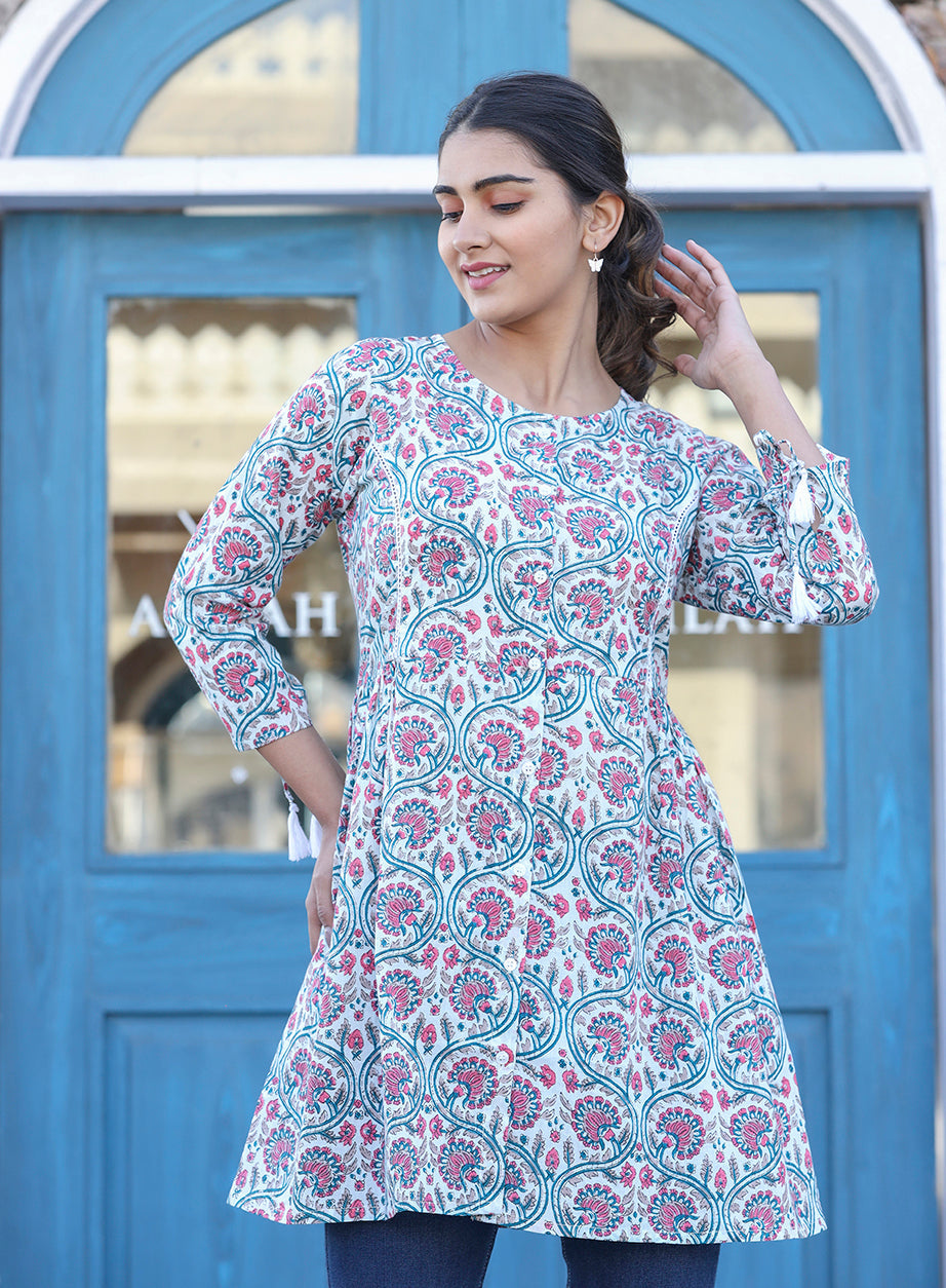 Kaajh White-Pink Floral Print Cotton Shirt Style Tunic | Grocsy