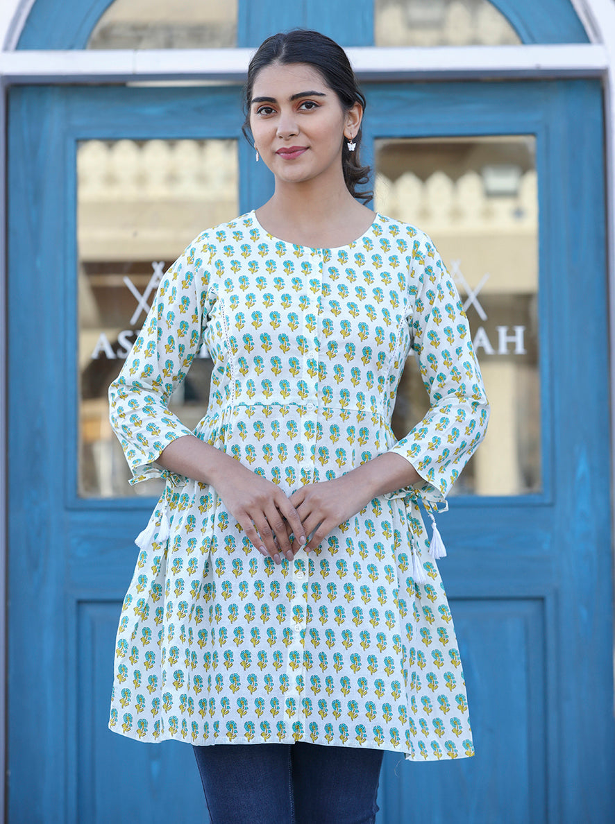 Kaajh White-Green Floral Print Cotton Shirt Style Tunic | Grocsy