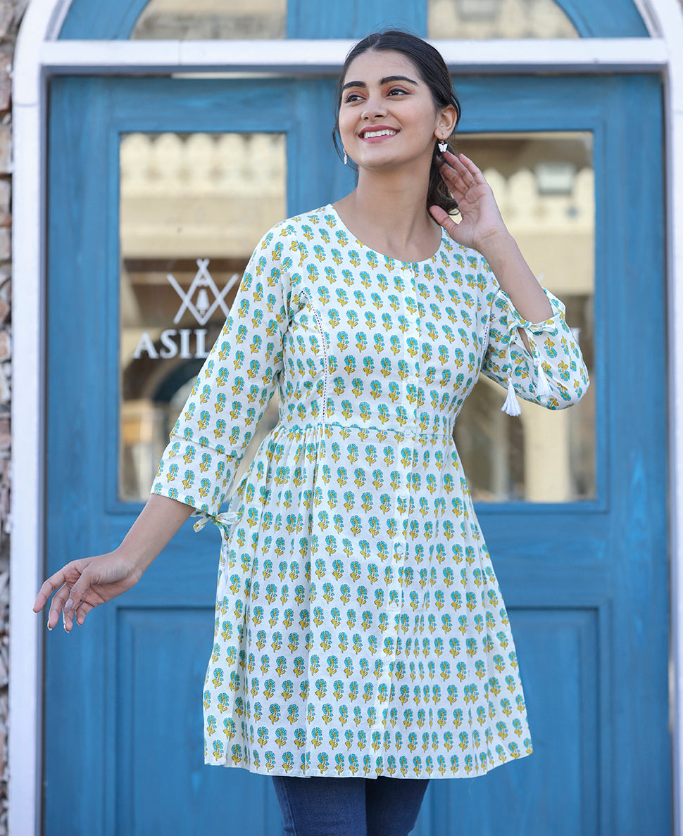Kaajh White-Green Floral Print Cotton Shirt Style Tunic | Grocsy