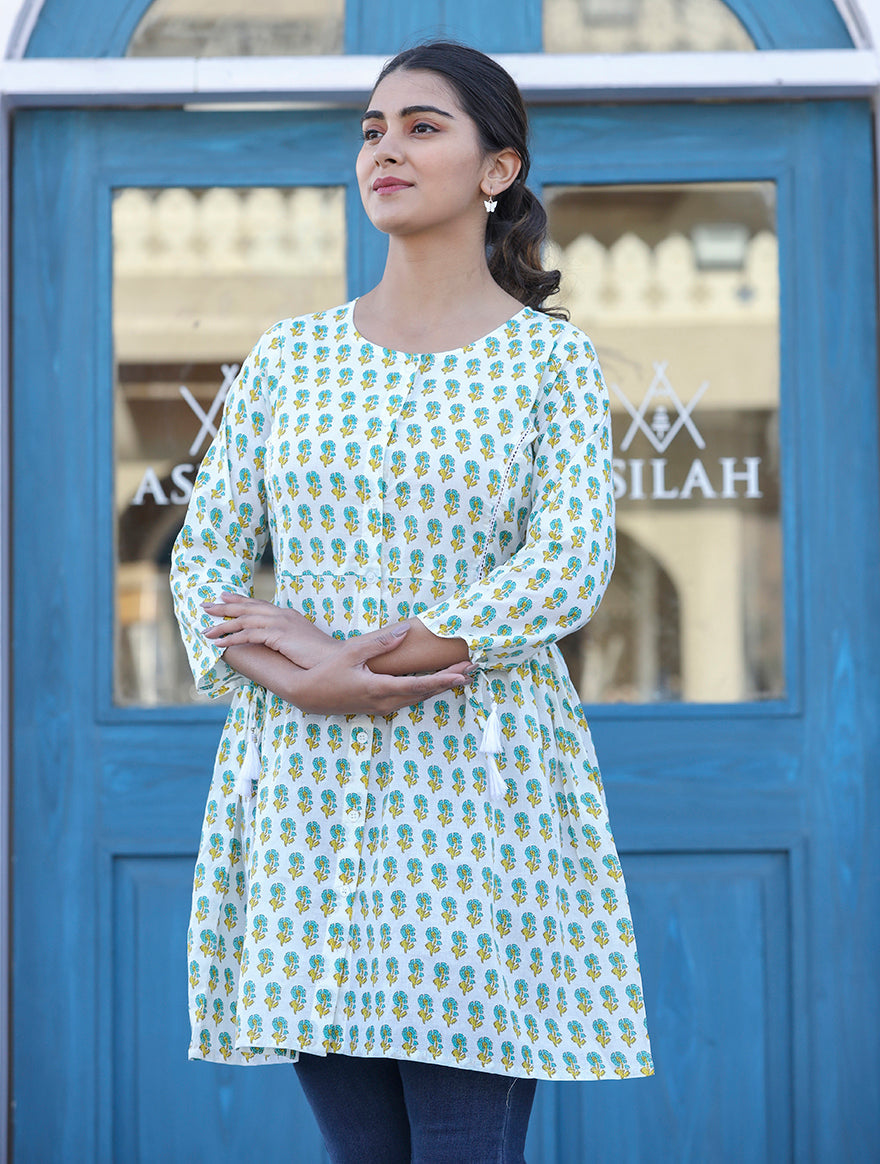 Kaajh White-Green Floral Print Cotton Shirt Style Tunic | Grocsy