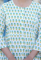 Kaajh White-Green Floral Print Cotton Shirt Style Tunic | Grocsy