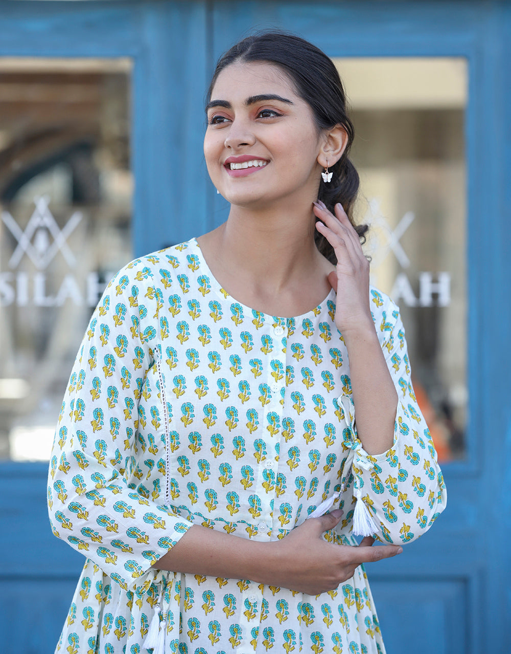 Kaajh White-Green Floral Print Cotton Shirt Style Tunic | Grocsy