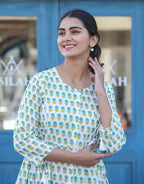 Kaajh White-Green Floral Print Cotton Shirt Style Tunic | Grocsy