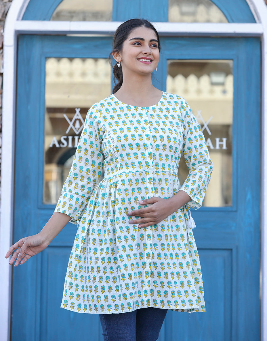 Kaajh White-Green Floral Print Cotton Shirt Style Tunic | Grocsy
