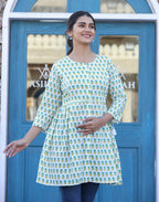 Kaajh White-Green Floral Print Cotton Shirt Style Tunic | Grocsy