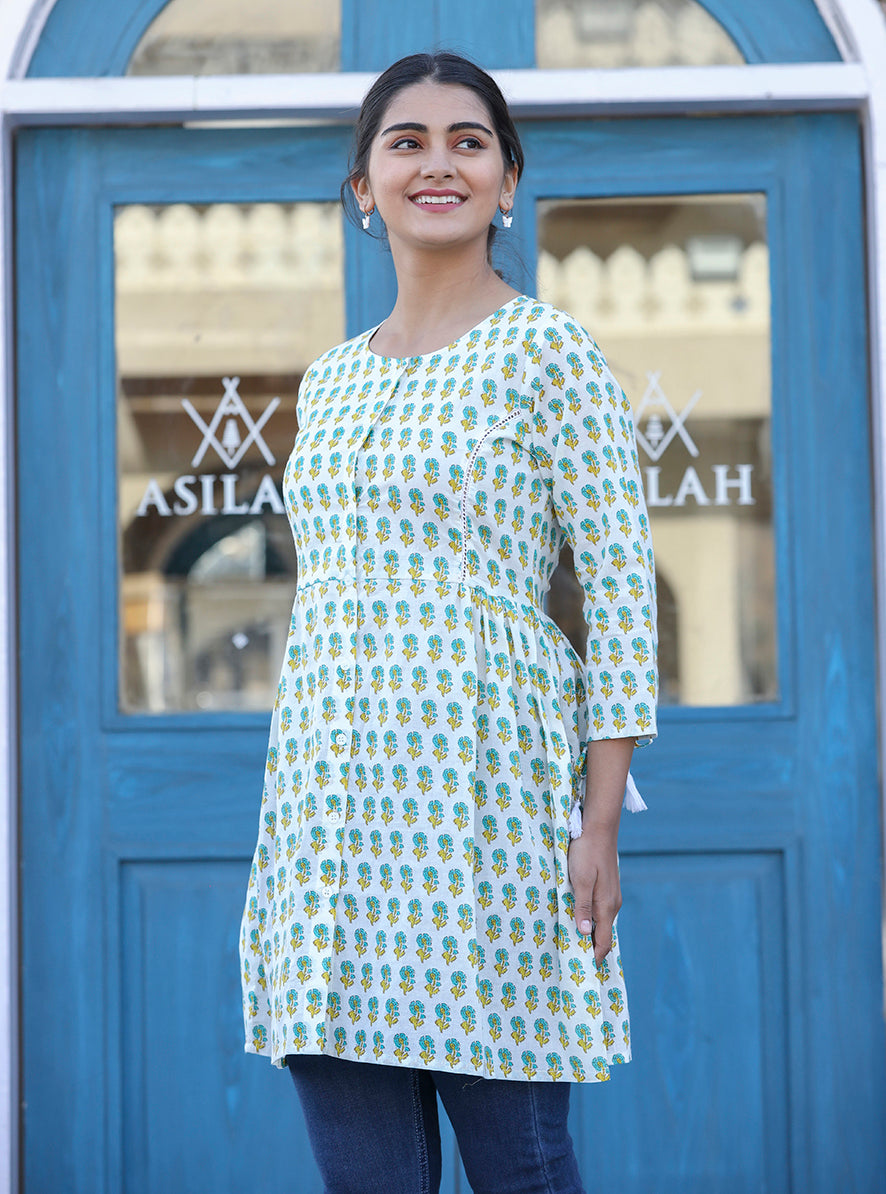Kaajh White-Green Floral Print Cotton Shirt Style Tunic | Grocsy