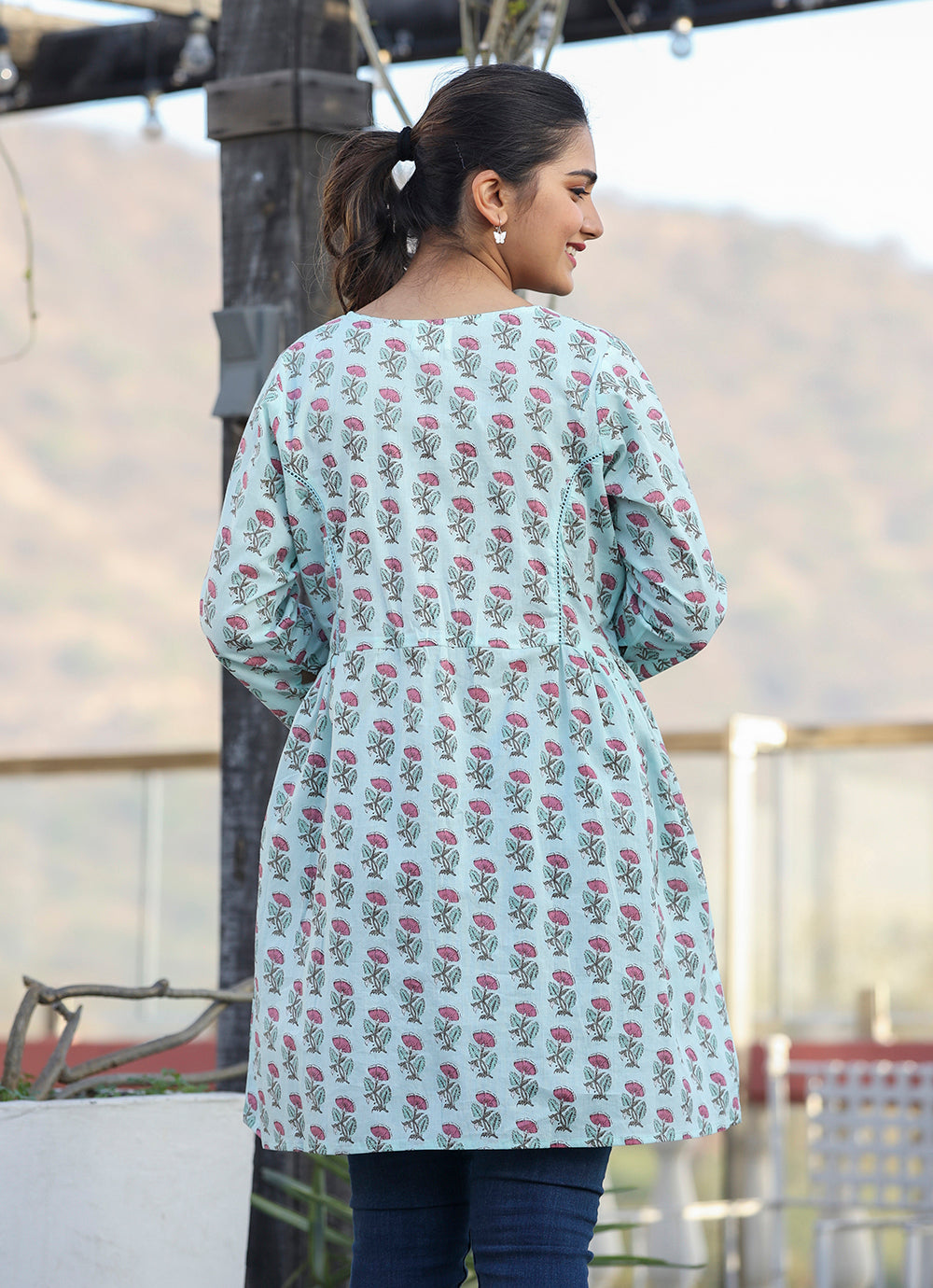Kaajh Light Green Floral Print Cotton Shirt Style Tunic | Grocsy