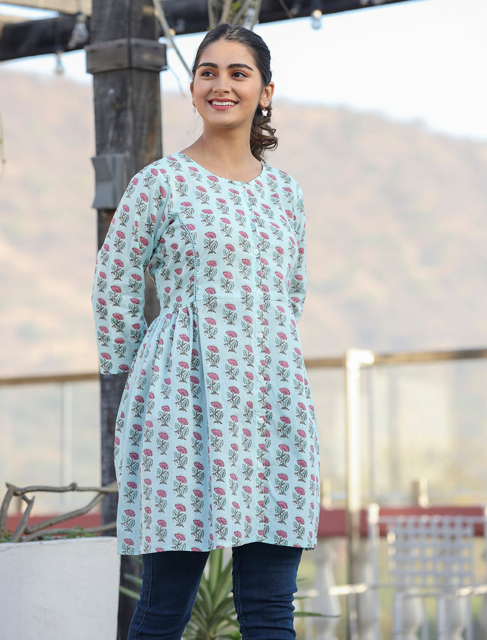 Kaajh Light Green Floral Print Cotton Shirt Style Tunic | Grocsy