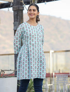 Kaajh Light Green Floral Print Cotton Shirt Style Tunic | Grocsy