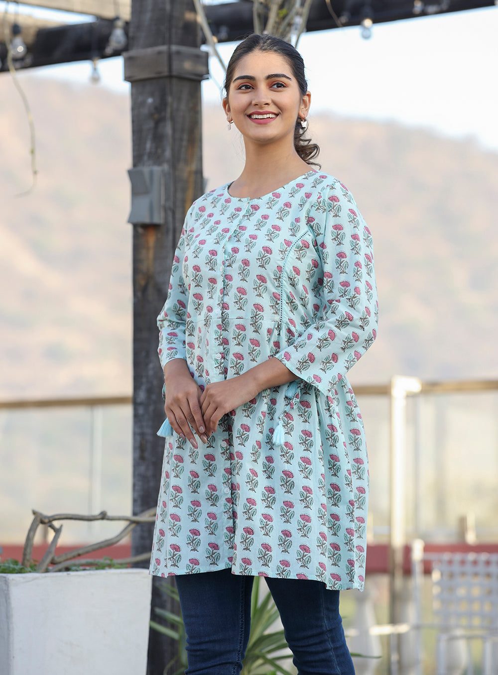 Kaajh Light Green Floral Print Cotton Shirt Style Tunic | Grocsy