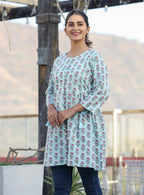 Kaajh Light Green Floral Print Cotton Shirt Style Tunic | Grocsy
