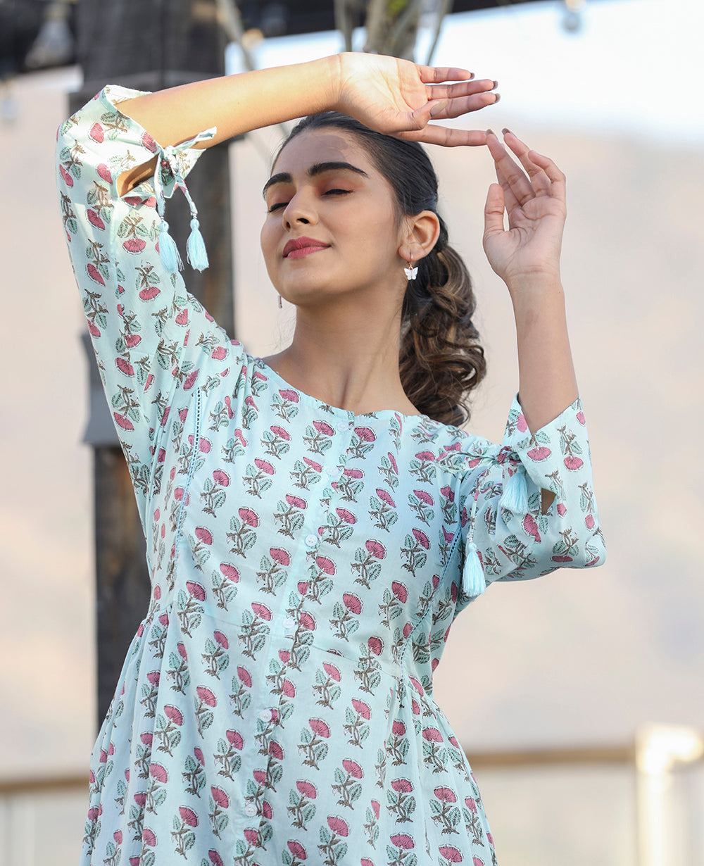 Kaajh Light Green Floral Print Cotton Shirt Style Tunic | Grocsy