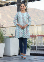 Kaajh Light Green Floral Print Cotton Shirt Style Tunic | Grocsy