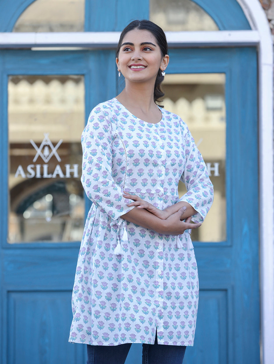 Kaajh White Floral Print Cotton Shirt Style Tunic | Grocsy