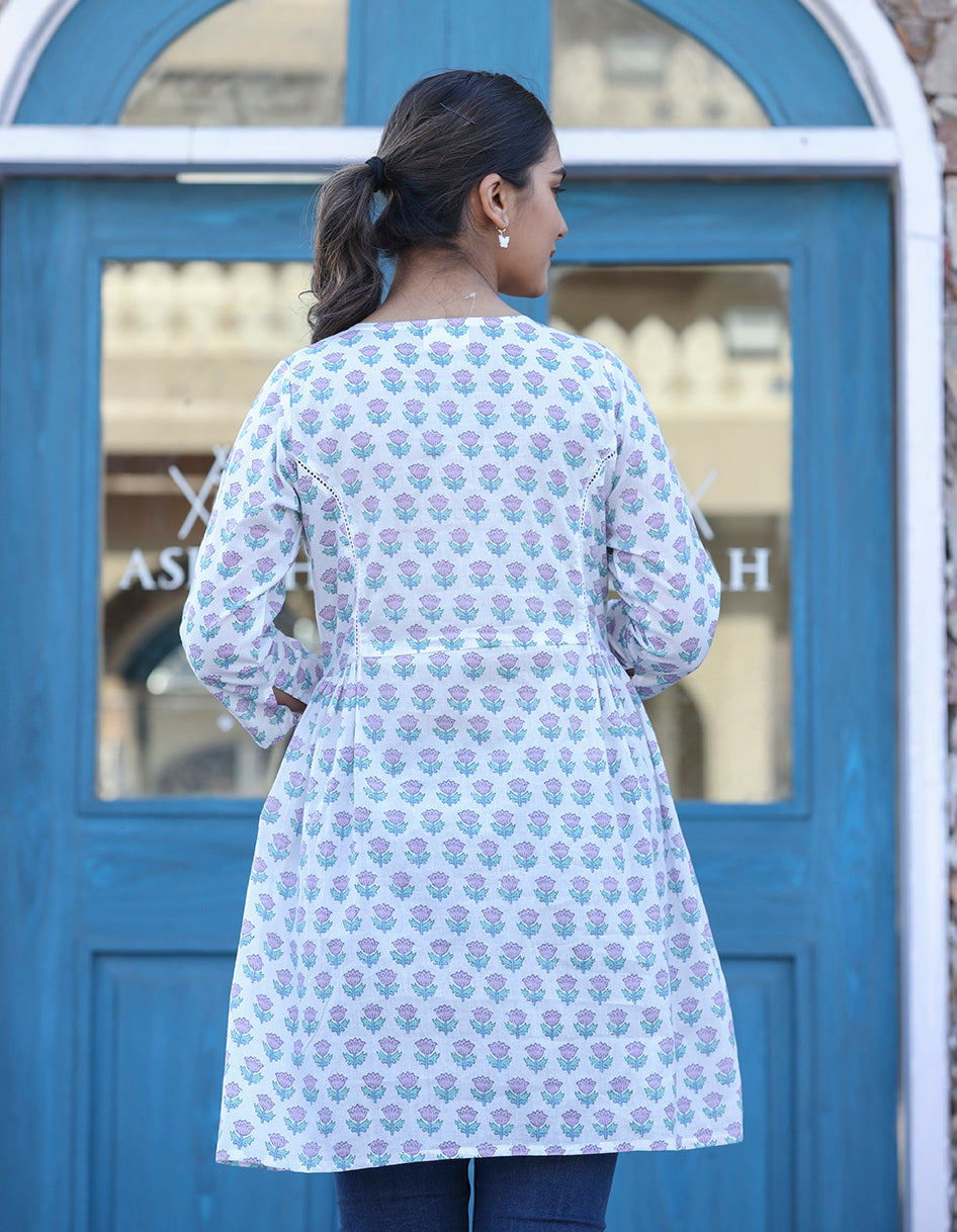 Kaajh White Floral Print Cotton Shirt Style Tunic | Grocsy