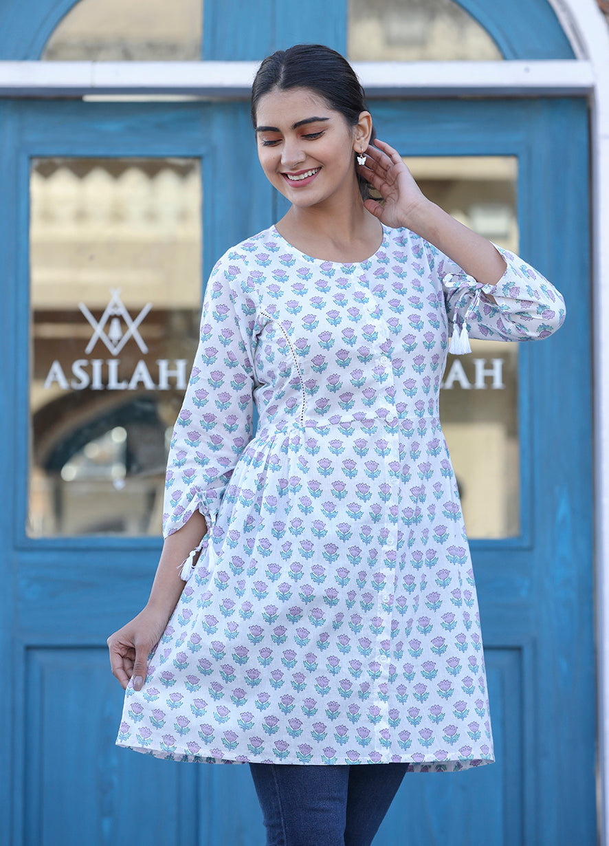 Kaajh White Floral Print Cotton Shirt Style Tunic | Grocsy