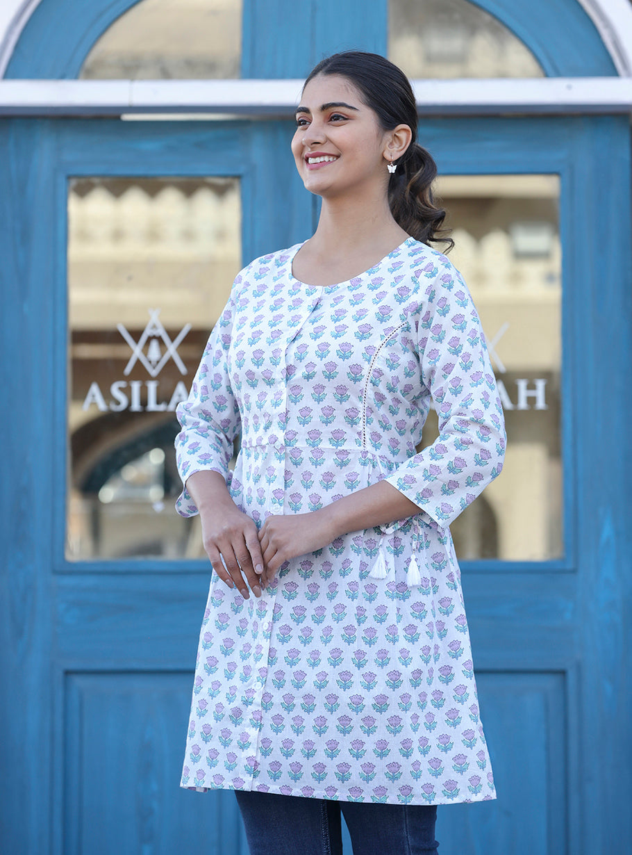 Kaajh White Floral Print Cotton Shirt Style Tunic | Grocsy