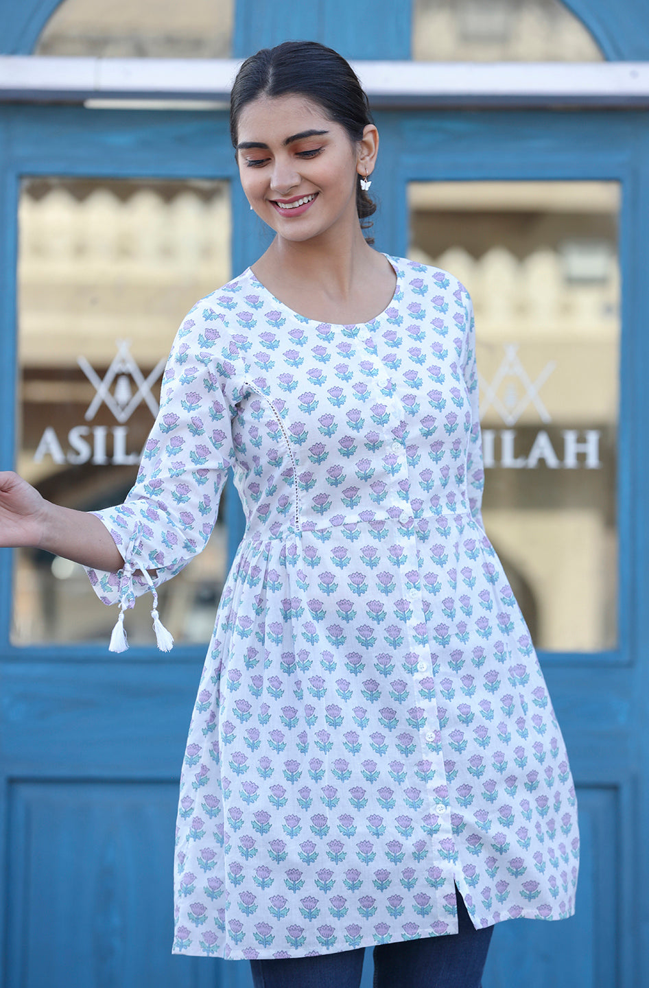 Kaajh White Floral Print Cotton Shirt Style Tunic | Grocsy