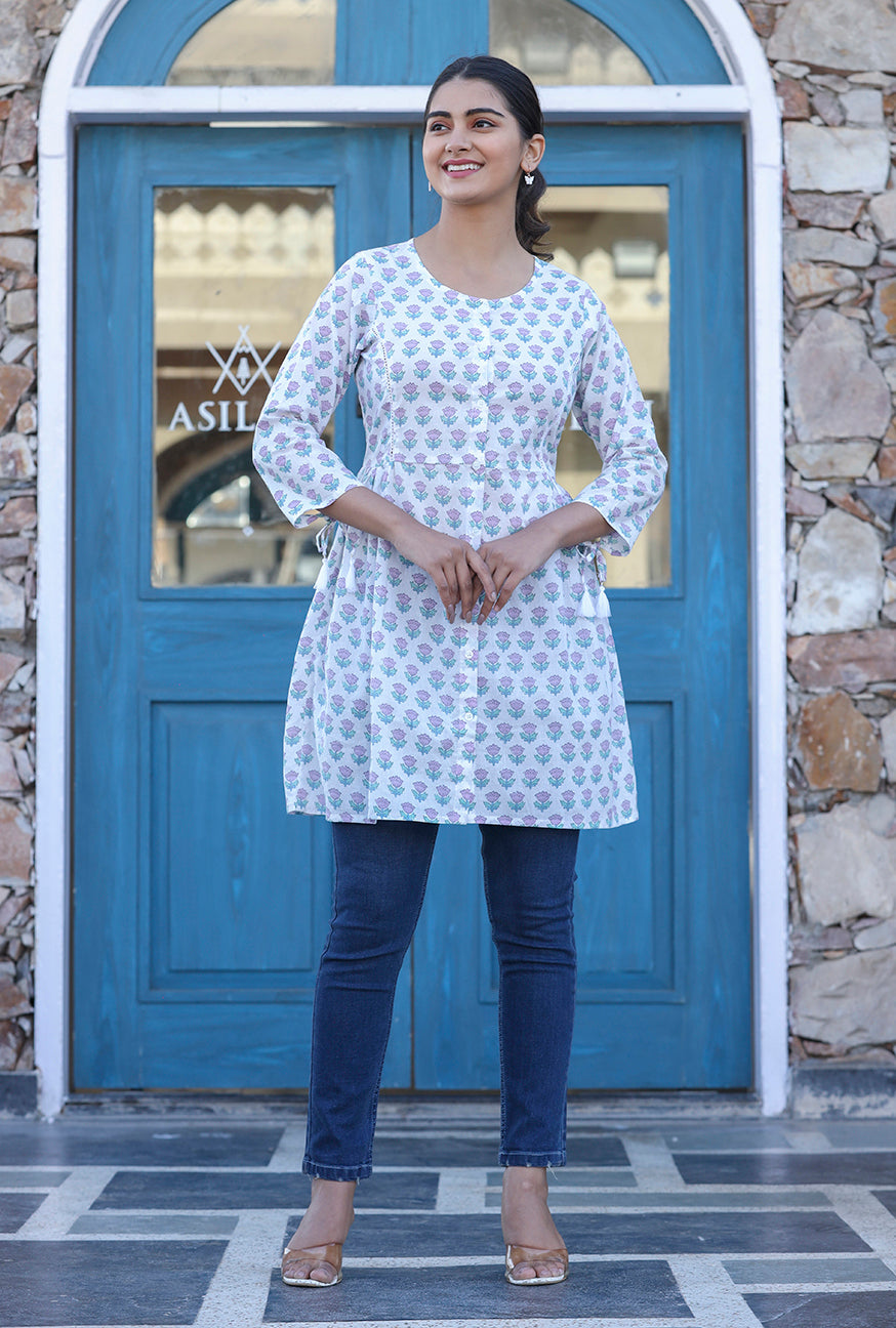 Kaajh White Floral Print Cotton Shirt Style Tunic | Grocsy