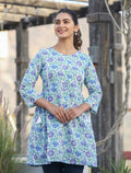 Kaajh White-Blue Floral Print Cotton Shirt Style Tunic | Grocsy