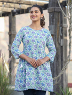 Kaajh White-Blue Floral Print Cotton Shirt Style Tunic | Grocsy