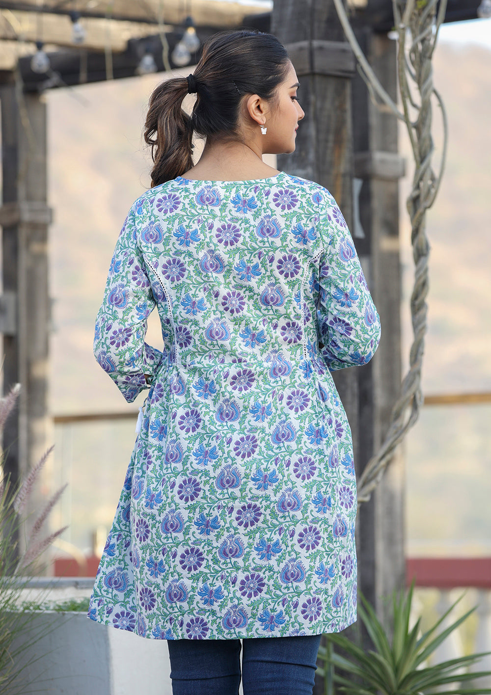 Kaajh White-Blue Floral Print Cotton Shirt Style Tunic | Grocsy