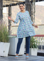 Kaajh White-Blue Floral Print Cotton Shirt Style Tunic | Grocsy