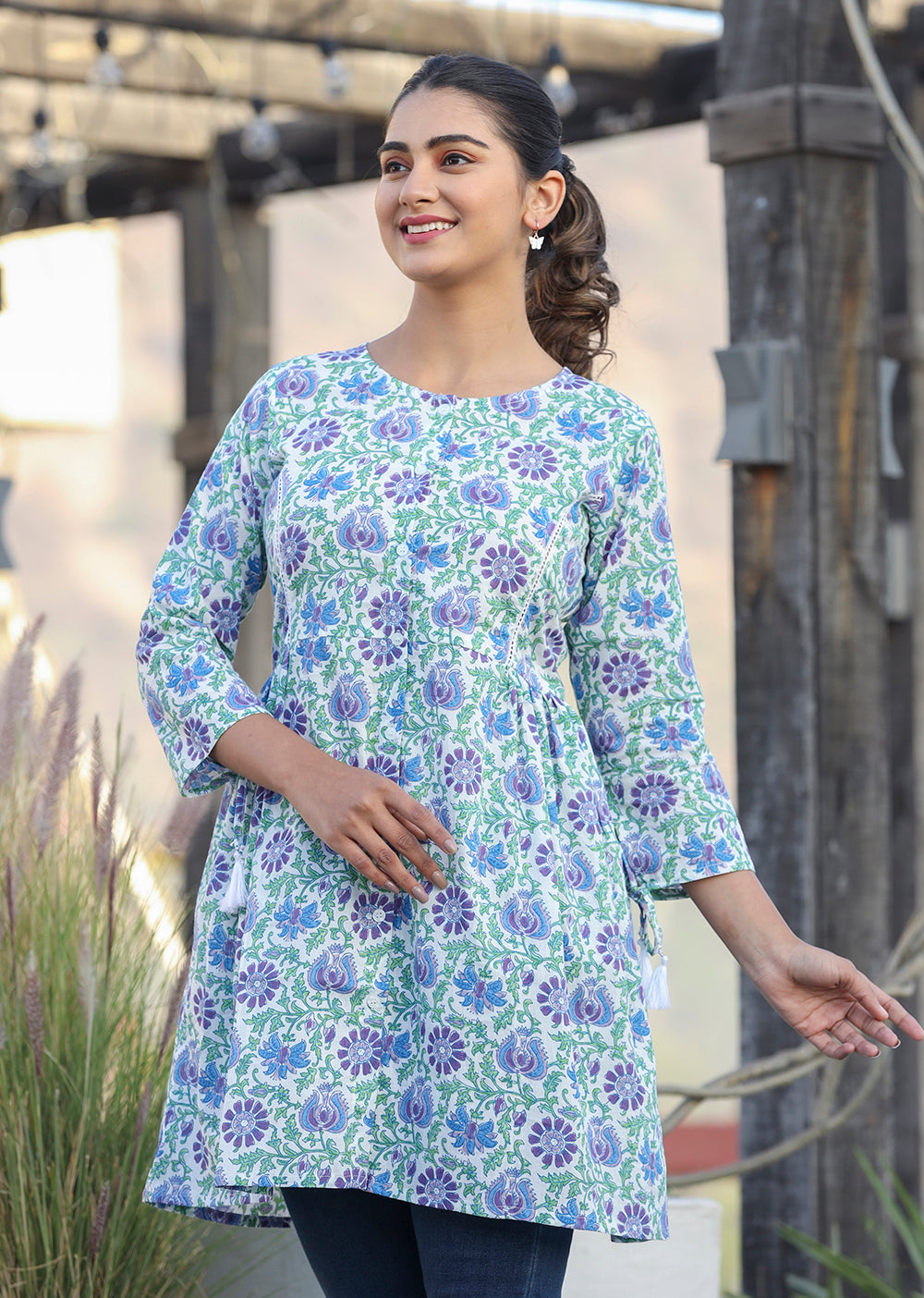 Kaajh White-Blue Floral Print Cotton Shirt Style Tunic | Grocsy