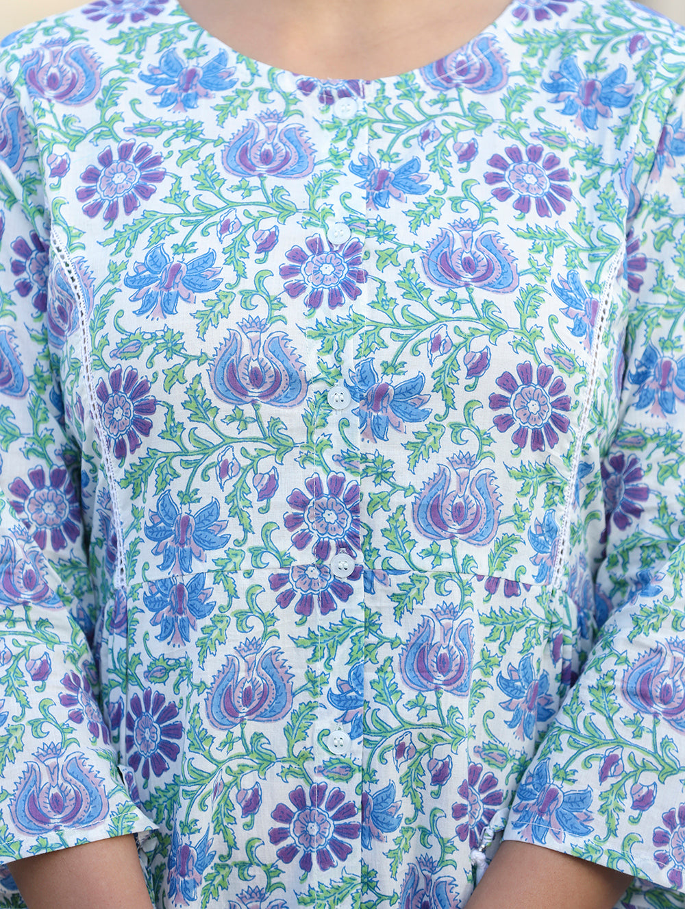 Kaajh White-Blue Floral Print Cotton Shirt Style Tunic | Grocsy