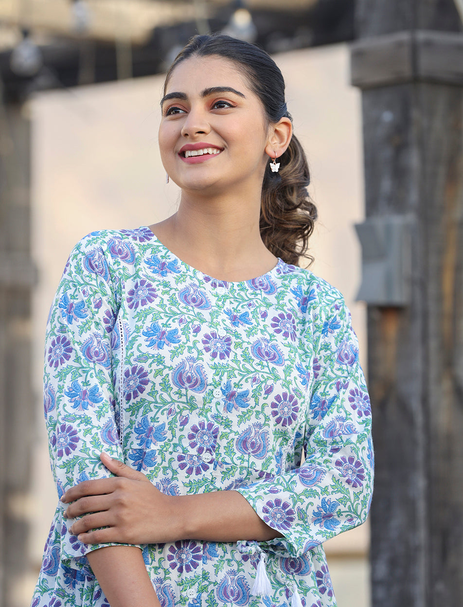 Kaajh White-Blue Floral Print Cotton Shirt Style Tunic | Grocsy