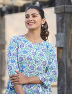 Kaajh White-Blue Floral Print Cotton Shirt Style Tunic | Grocsy