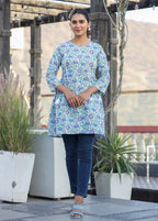 Kaajh White-Blue Floral Print Cotton Shirt Style Tunic | Grocsy