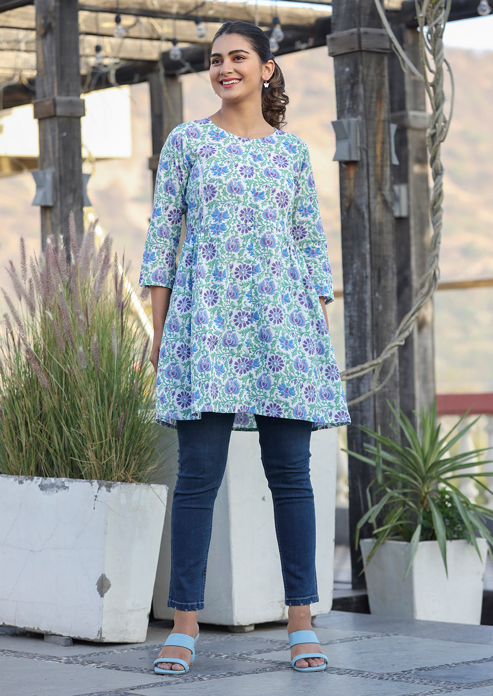 Kaajh White-Blue Floral Print Cotton Shirt Style Tunic | Grocsy