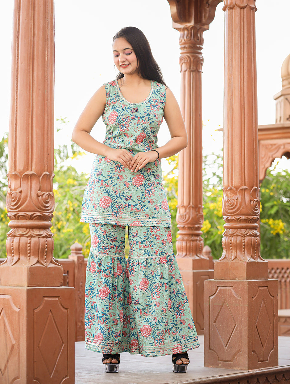 Kaajh Women's Turquoise Floral Printed Kurta With Sharara | Grocsy