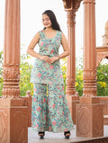 Kaajh Women's Turquoise Floral Printed Kurta With Sharara | Grocsy