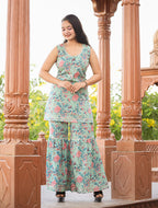 Kaajh Women's Turquoise Floral Printed Kurta With Sharara | Grocsy