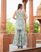 Kaajh Women's Turquoise Floral Printed Kurta With Sharara | Grocsy