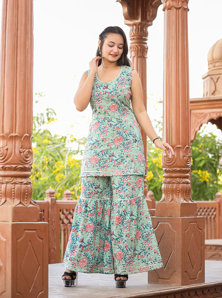 Kaajh Women's Turquoise Floral Printed Kurta With Sharara | Grocsy