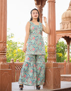 Kaajh Women's Turquoise Floral Printed Kurta With Sharara | Grocsy