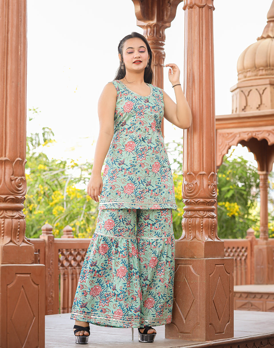 Kaajh Women's Turquoise Floral Printed Kurta With Sharara | Grocsy