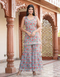 Kaajh Women's Sky Blue Floral Printed Kurta With Sharara | Grocsy