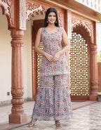 Kaajh Women's Sky Blue Floral Printed Kurta With Sharara | Grocsy