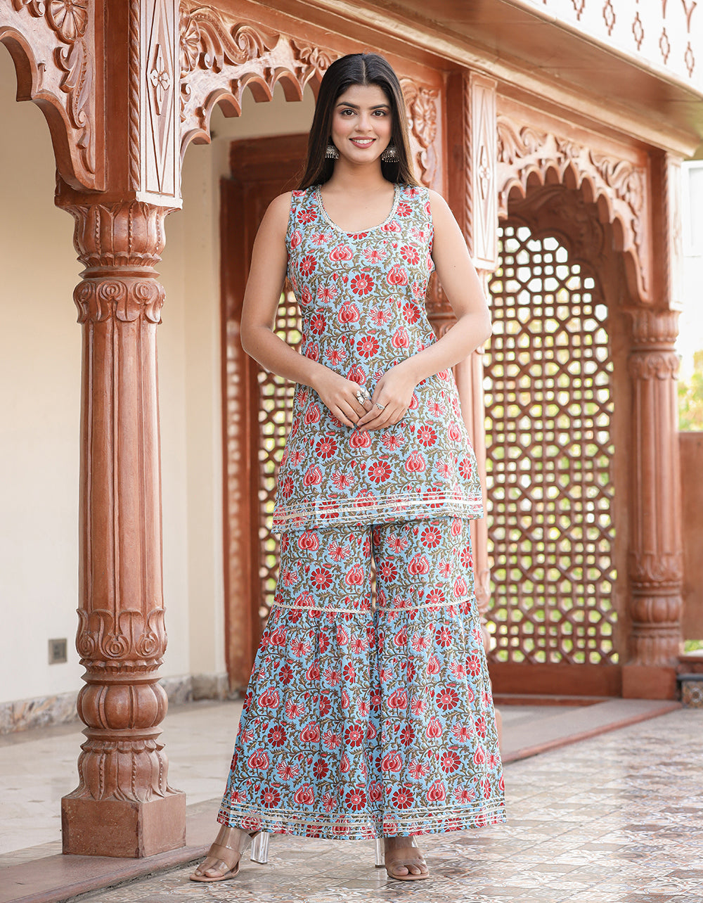 Kaajh Women's Sky Blue Floral Printed Kurta With Sharara | Grocsy