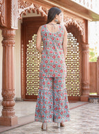 Kaajh Women's Sky Blue Floral Printed Kurta With Sharara | Grocsy